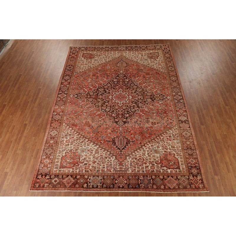 Orange Heriz Persian Vintage Area Rug Handmade Medallion Wool Carpet - 9'7"x 13'0"