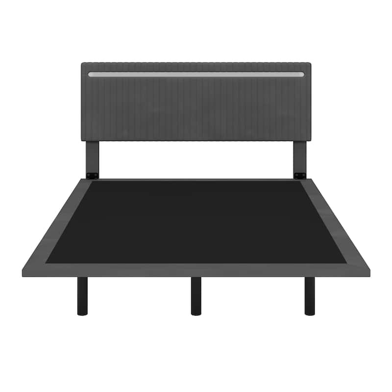 Floating Bed Upholstered Frame Velvet Fabric Platform Bed Adjustable Wingback Bed, Lights on Headboard, Sensor Lights Underbed