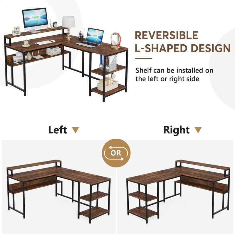 59-Inch Reversible L Shaped Computer Desk with Monitor Shelf