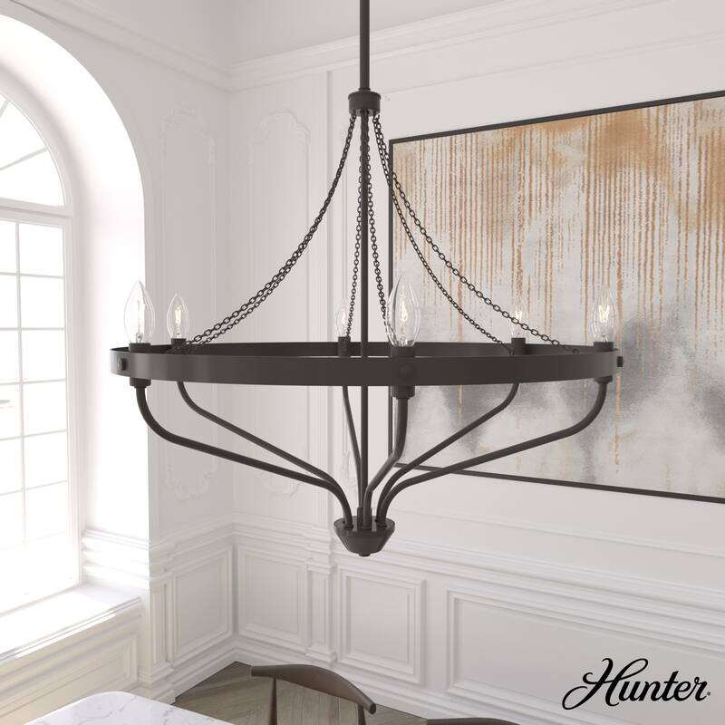 Hunter Merlin Geometric Metal Chandelier - Foyer, Dining Room, Living Room - Industrial, Contemporary - 25" 6 Light - Noble Bronze
