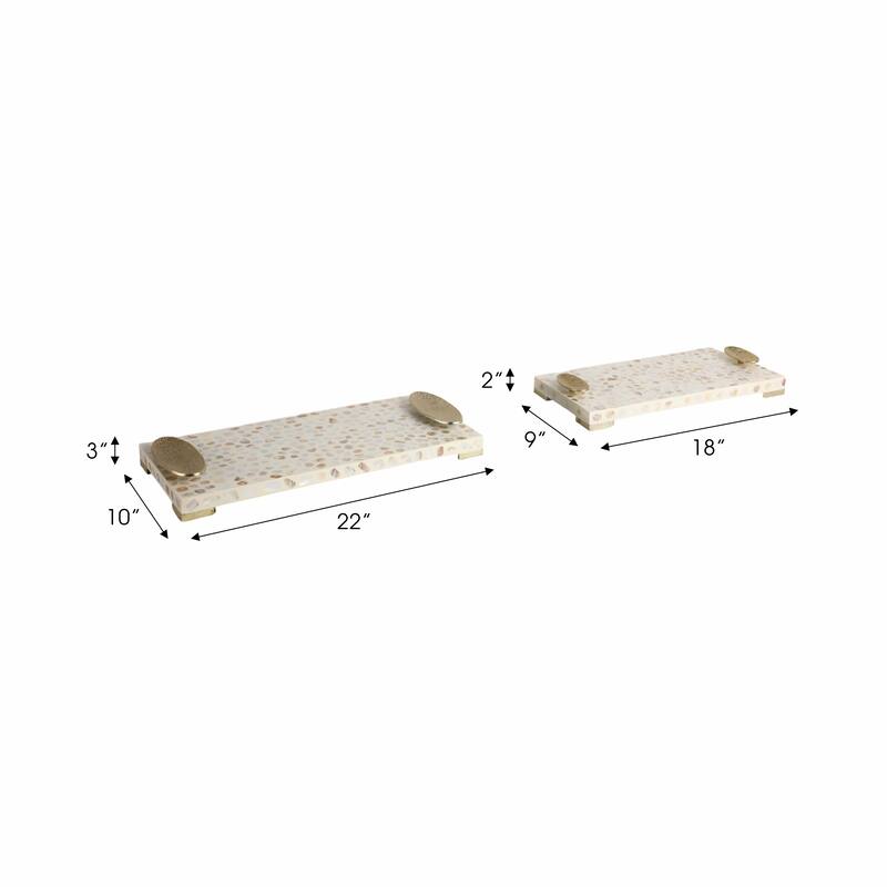 Rectangular Textured Tray with Metal Handles-Set of 2, 22", 18", White - 22.0"