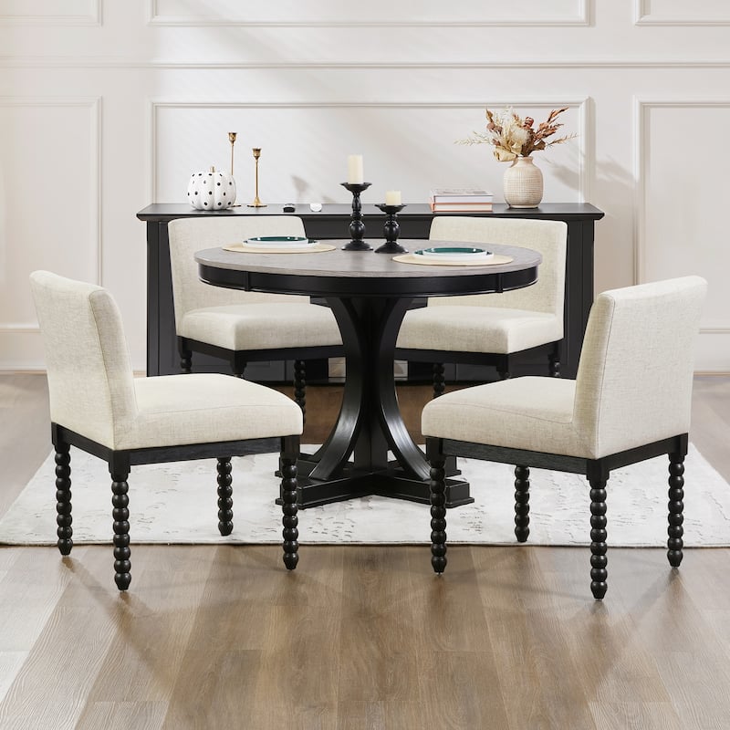 Vintage 20.5"W Upholstered Dining Chairs with Gourd-Shaped Wood Frame - Set of 4 - Rustic Black