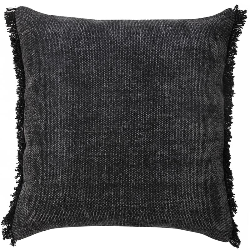 Sevita Muted Black Solid Stonewash Throw Pillow with Fringe