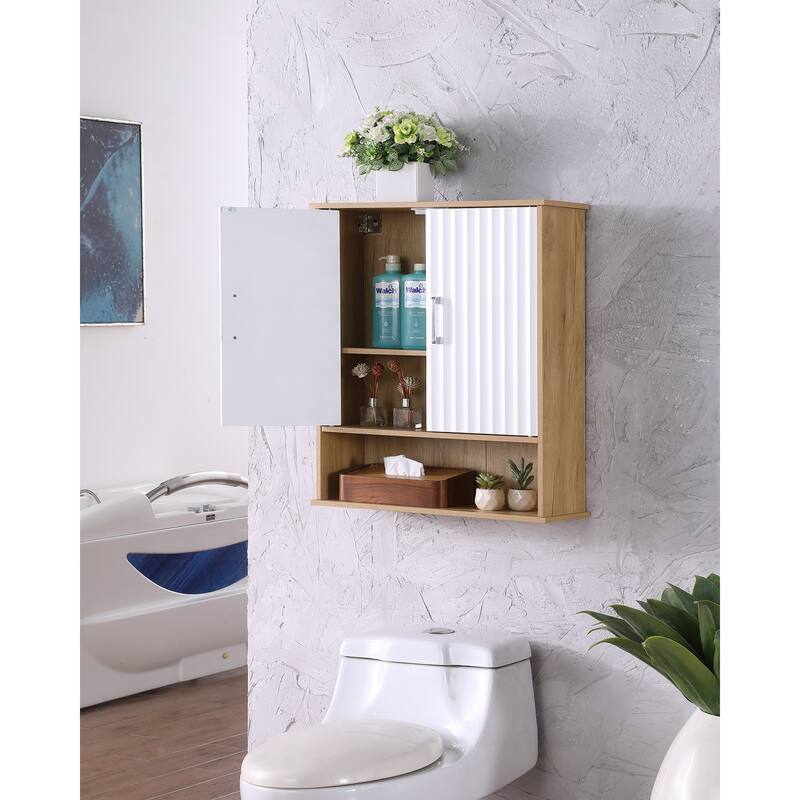GDFStudio - Bathroom Wall Cabinet with Double-Door, Bottom Shelf, Wavy-Patterned Doors, Adjustable Inner Shelf - Particle Board - Particle Board - White+Natural