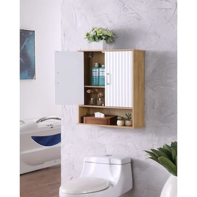 GDFStudio - Bathroom Wall Cabinet with Double-Door, Bottom Shelf, Wavy-Patterned Doors, Adjustable Inner Shelf - Particle Board