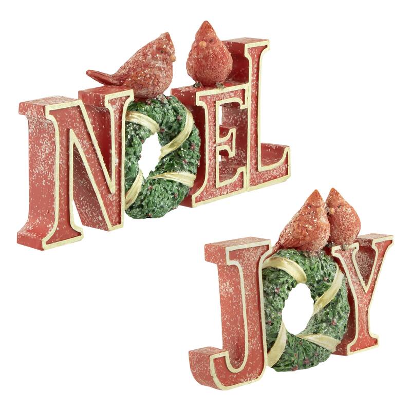 Cardinals on Wreaths "Joy" and "Noel" Christmas Display Signs - 10" - Set of 2