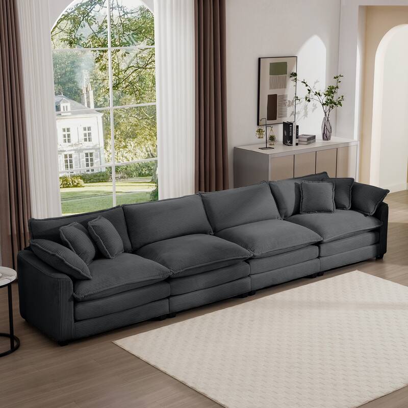 Corduroy Fabric Sectional Sofa Set with Seat Cushions and Pillows, 4 Seater Upholstered Sofa with Removable Armrests