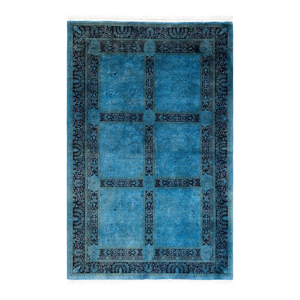 Overton Hand Knotted Wool Vintage Inspired Modern Contemporary Overdyed Blue Area Rug - 4' 1" x 6' 4"