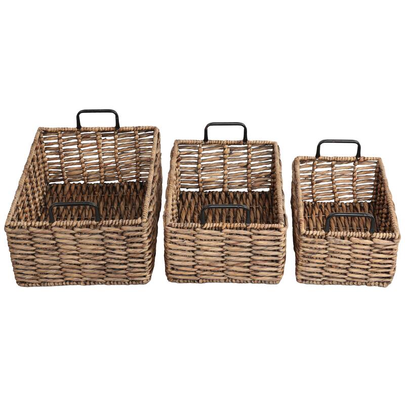 Savoy Handwoven Water Hyacinth Nesting Storage Baskets, Metal Handles (Set of 3)