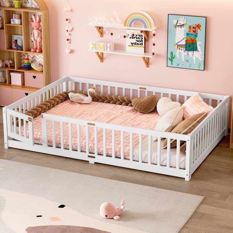 Queen Size Floor Bed with Safety Guardrails and Door for Kids - White