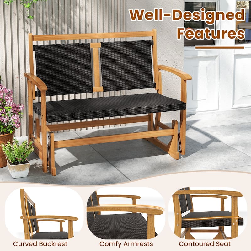 Comfortable Rattan Patio Glider with Wooden Frame and Swing Rocking Armchair for Outdoor Furniture