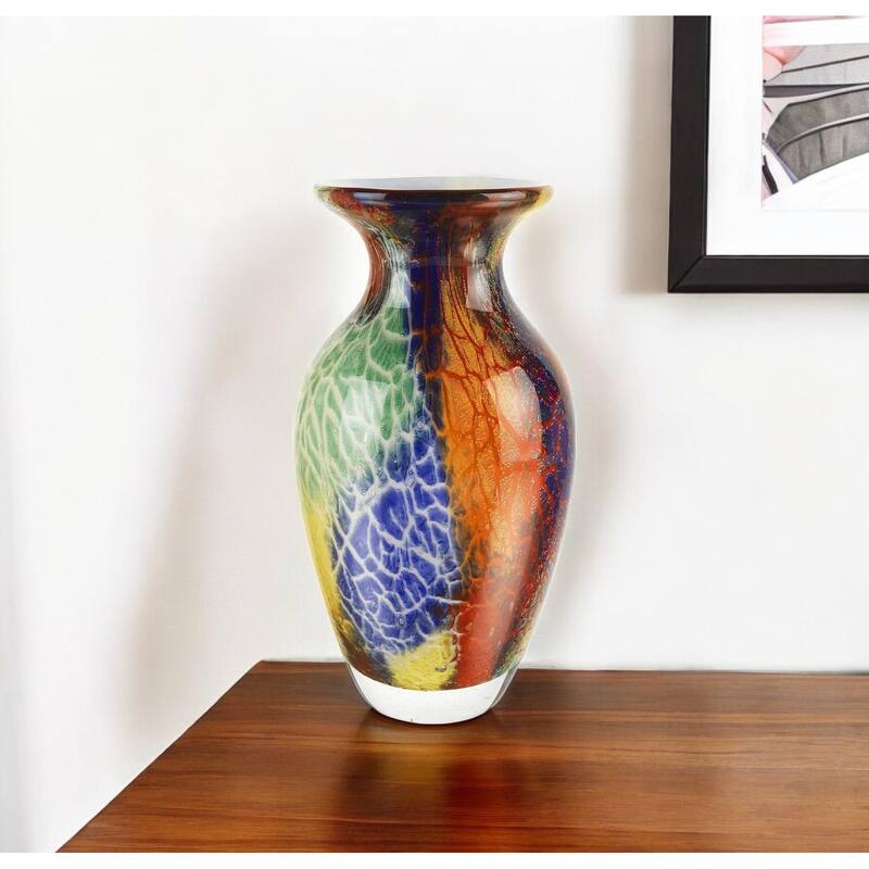 HomeRoots 11" Blue And Yellow Cylinder Crystal Glass Table Vase
