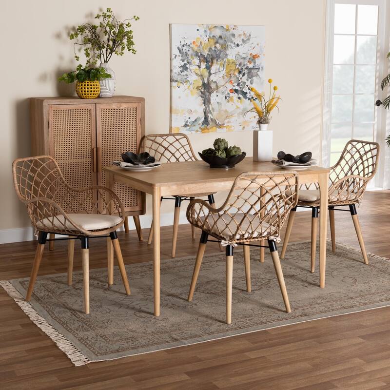 Ballerina Modern Bohemian Finished Wood and Rattan Dining Set