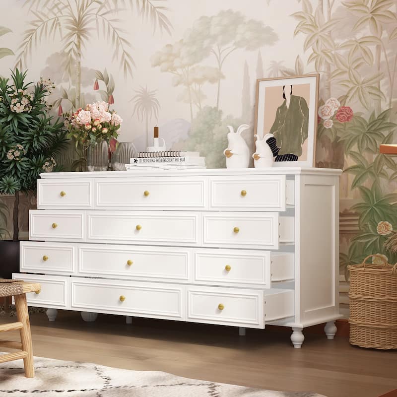 63" Wide 9/12 Drawer Dresser for Bedroom, Modern Farmhouse Double Dresser with Gold Knobs, Large Storage Chest