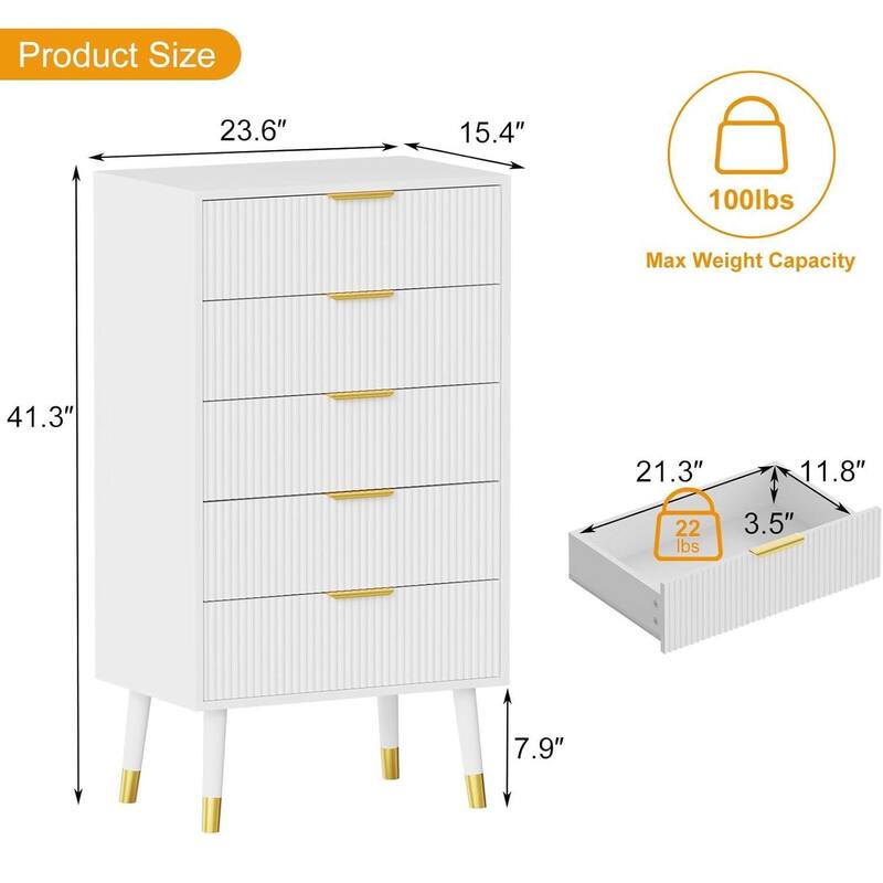 Modern 5 Drawer Dresser, Chest Cabinet Nightstand for Bedroom, Living Room
