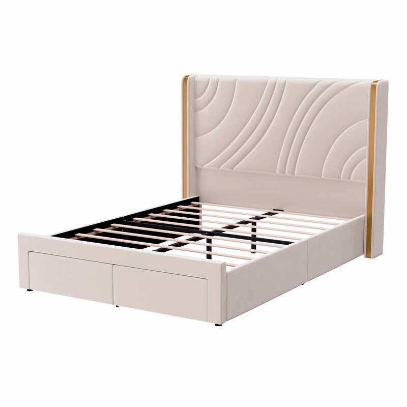Upholstered LED Bed Frame with Storage Drawers, Velvet Platform Bed with Wingback Headboard, RGB Light