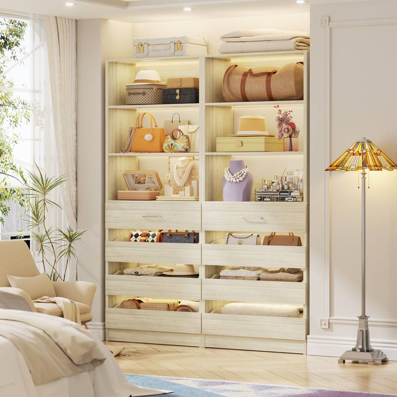 21.3'' W Closet System with 4 Wooden Drawers, 1.78FT Walk-in Closet Organizer Wardrobe with Adjustable Open Shelves - White Oak - Set of 2 (42.6'' W)