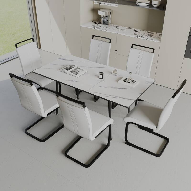 7-Piece Expandable Dining Table Set with C-shaped Tubular Cushioned Armless Chair, Scratch Resistant Plastic Feet - White