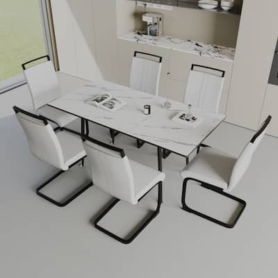 7-Piece Expandable Dining Table Set with C-shaped Tubular Cushioned Armless Chair, Scratch Resistant Plastic Feet