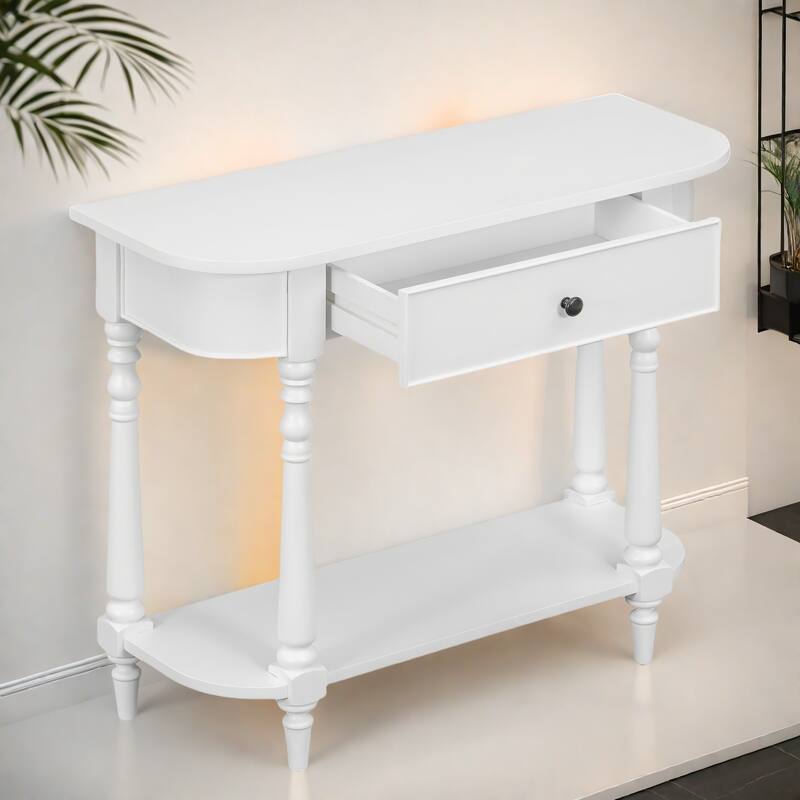 36" MDF Console Table with Drawer and Bottom Shelf and Carved Legs - White