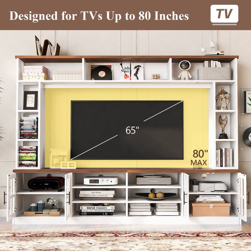 95.5" Extra Wide Media Wall Unit 6 Display Shelves + 2 Adjustable Cabinets, 10 Cable Holes