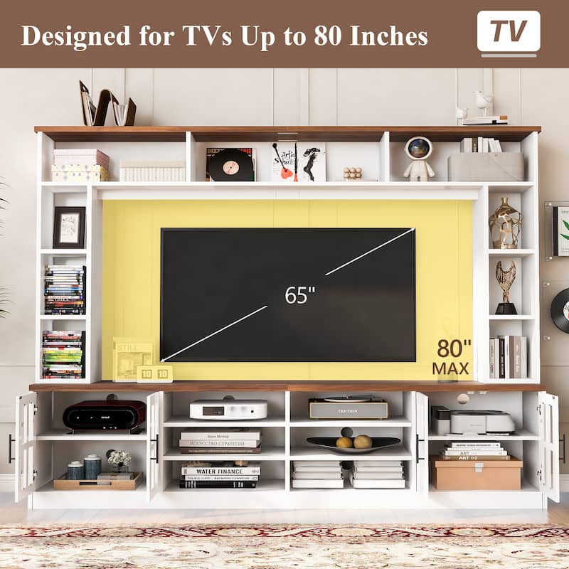95.5" Wall Unit Entertainment Center TV Stand with Bookshelves, Storage Cabinets and Glass Doors for 80 Inch TV