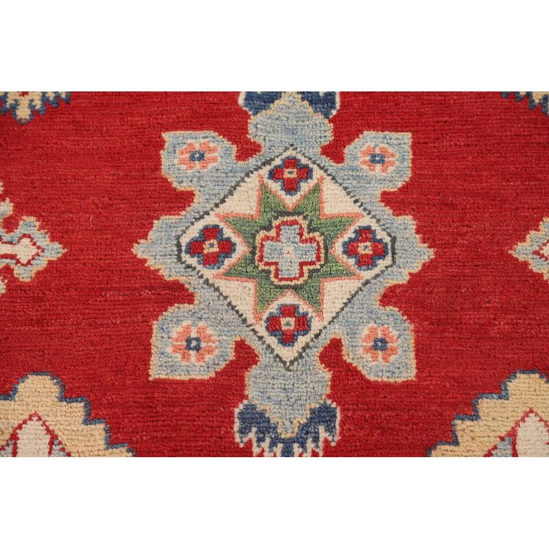 Red Geometric Kazak Living Room Area Rug Handmade Wool Carpet - 6'7" x 9'11"