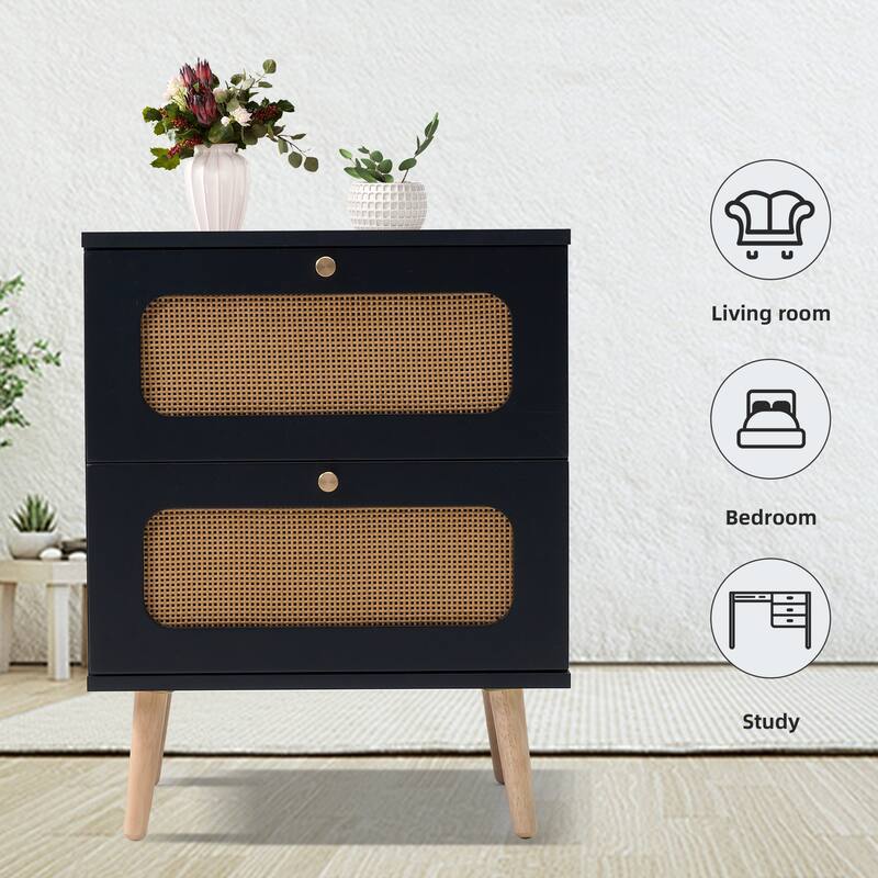 Boho Rattan 2-Drawer Nightstand, Handmade Woven Accent End Table, Side Table for Bedroom and Living Room
