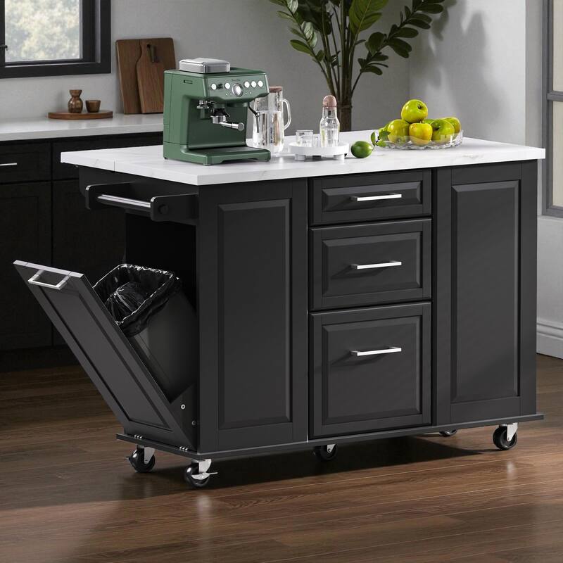 50.7" Rolling Kitchen Island with Tilt Trash Cabinet, Drop Leaf, Pull-Out Organizer, 2 Drawers and 1 Door