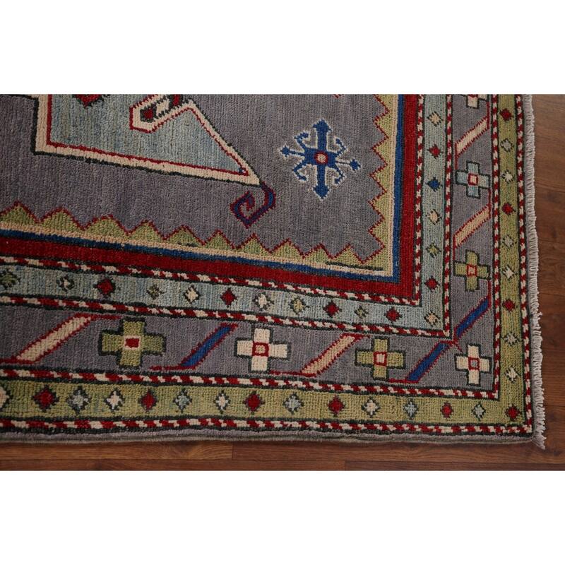 Gray Geometric Kazak Foyer Rug Handmade Oriental Wool Carpet - 3'4" x 5'5"