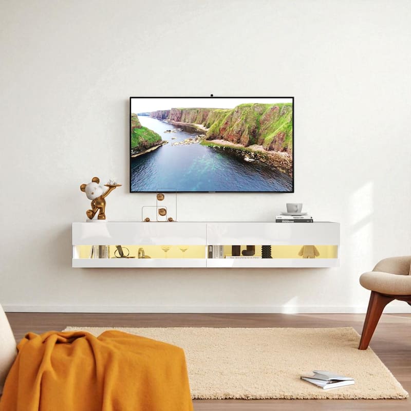 Wall Mounted Floating 80" TV Stand with LED Lights & Charging Station, Modern Media Console with Storage