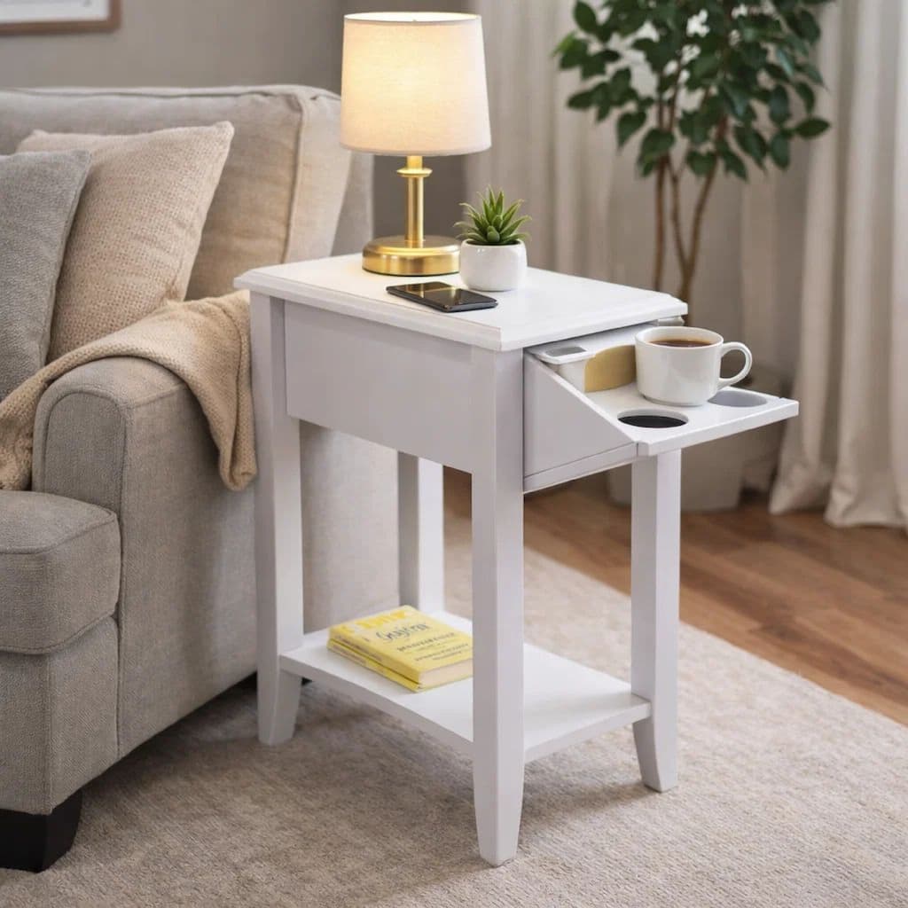 24 Inch Modern Chairside Table with Extendable Drawer and Cupholders, White