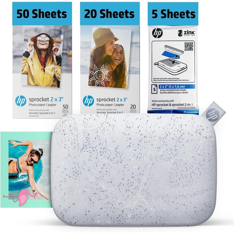 HP Sprocket 2x3 Instant Photo Printer, 75 Sheets, Wireless, Portable, Bundle - White