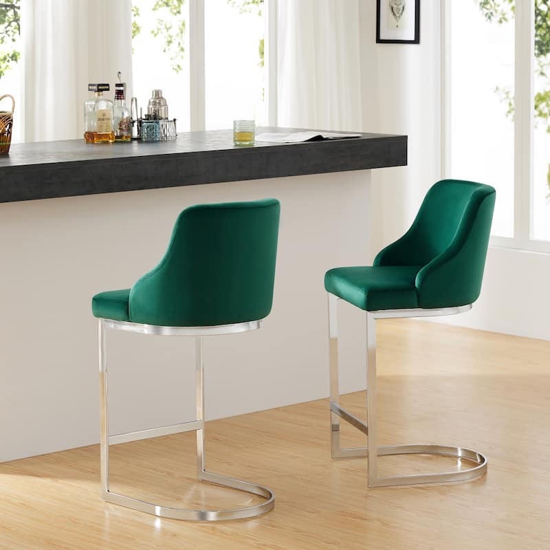 Velvet/ Faux Leather Upholstered Counter Stools, Set of 2 - 18.9"W x 20.5"D x 36.6"H