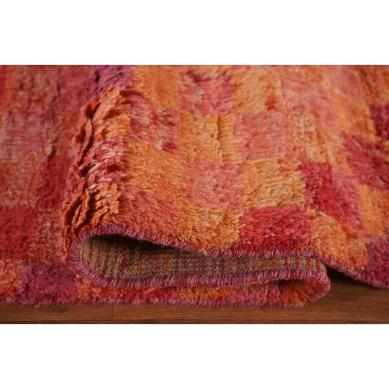 Coral Checkered Moroccan Area Rug Hand-Knotted Wool Carpet - 8'11" x 12'7"
