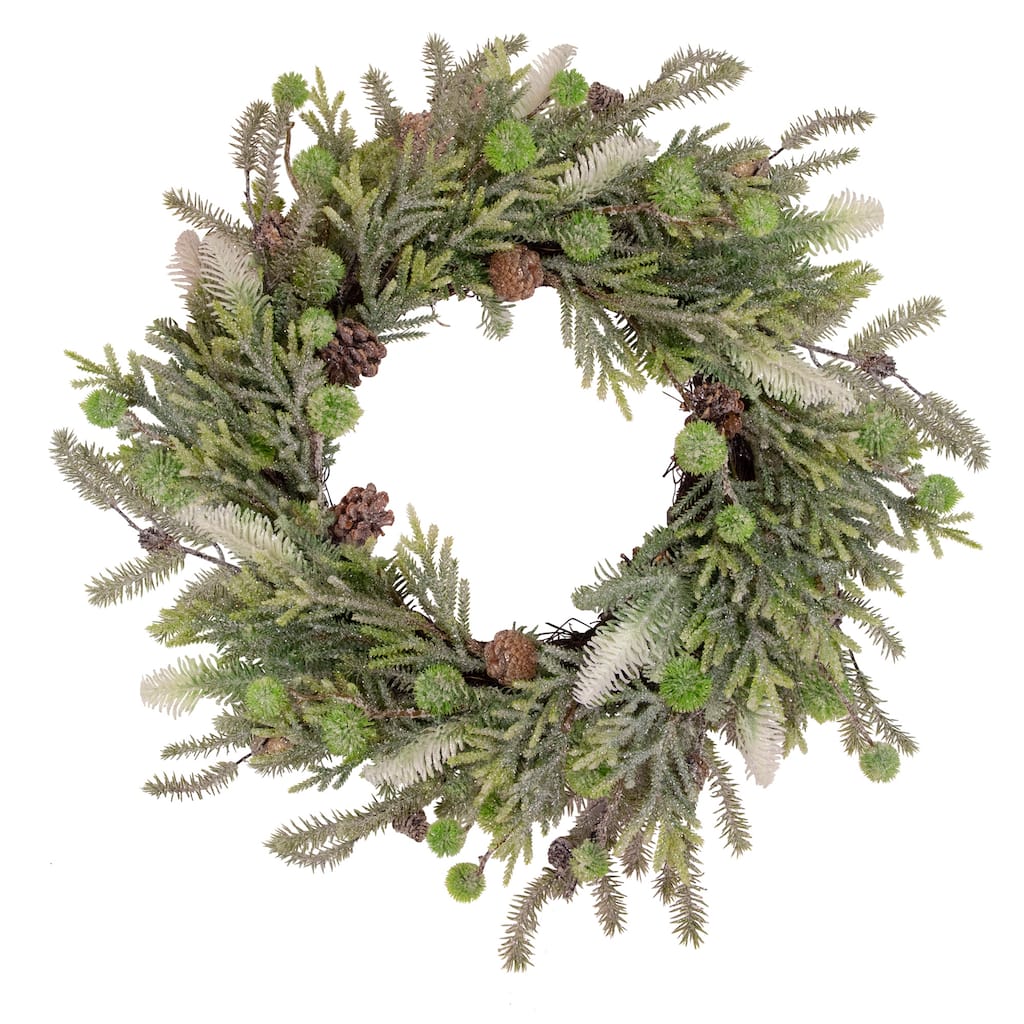 Artificial Christmas Wreath Frosted Foliage Pine Cones 24 Inch Unlit