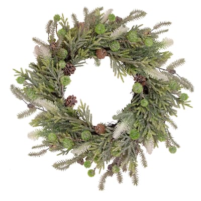 Artificial Christmas Wreath with Frosted Foliage and Pine Cones 24-Inch Unlit - 24"