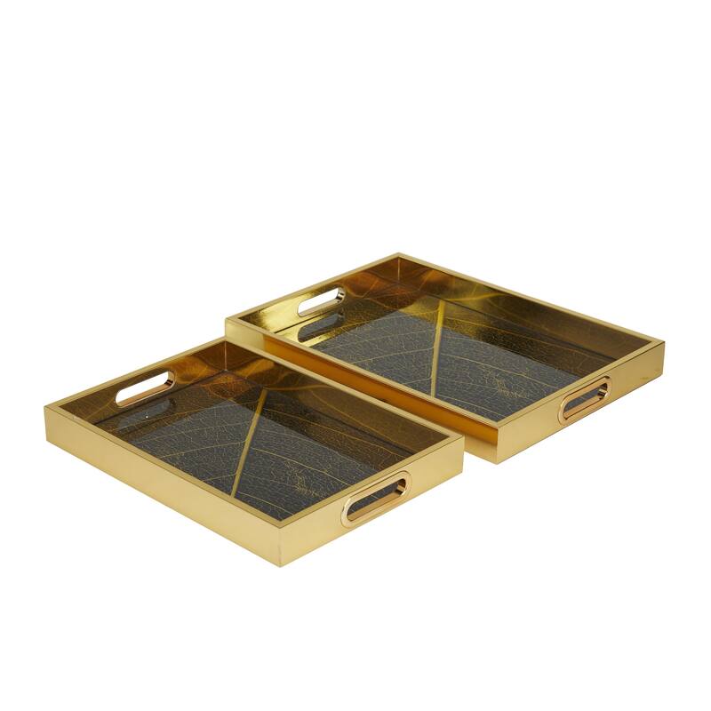 Plastic Geometric Living Room Decor Tray with Black Glass - Set of 2 Gold - Roche River Decor