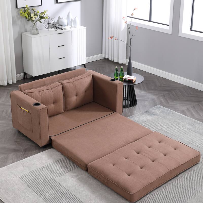 Upholstered Futon Sofa Convertible Sofa Bed Tufted Loveseat wFolding Mattress, Cup Holder & Pockets 2-seat Armchair