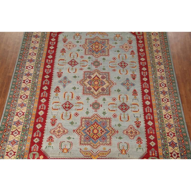Geometric Blue Kazak Oriental Area Rug Handmade Wool Carpet - 9'11" x 12'8"
