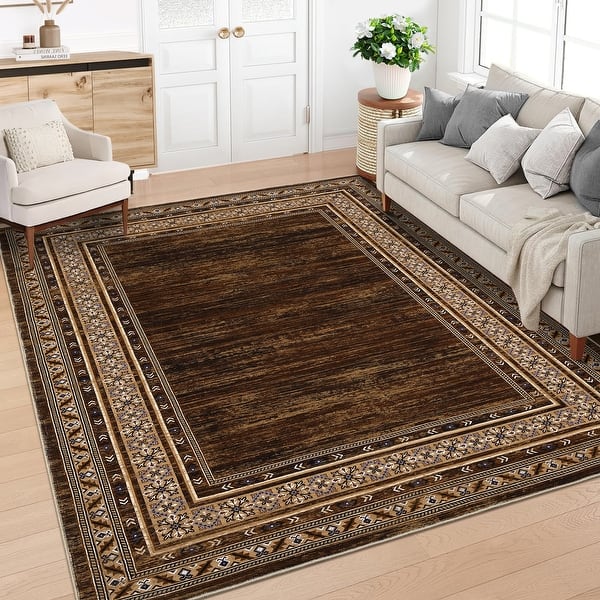 slide 2 of 9, Modern Bordered Area Rugs for Living Room Bedroom Floral Rug Low Pile Non-Slip Accent Rug 10'x13' - Red Brown