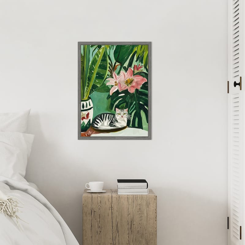 Tropical Muse With Cat by Mowzu Framed Canvas Wall Art