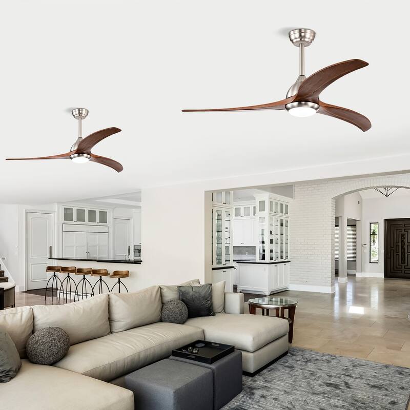 52" Solid Wood Blades Ceiling Fan With Light with Remote Control, Noiseless Reversible Motor, 6 Speed, 3 Color - Nickel
