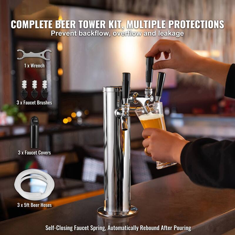 Draft Beer Tower Dispenser, Stainless Steel Keg Beer Tower, Kegerator Tower Kit with Pre-Assembled Tubing