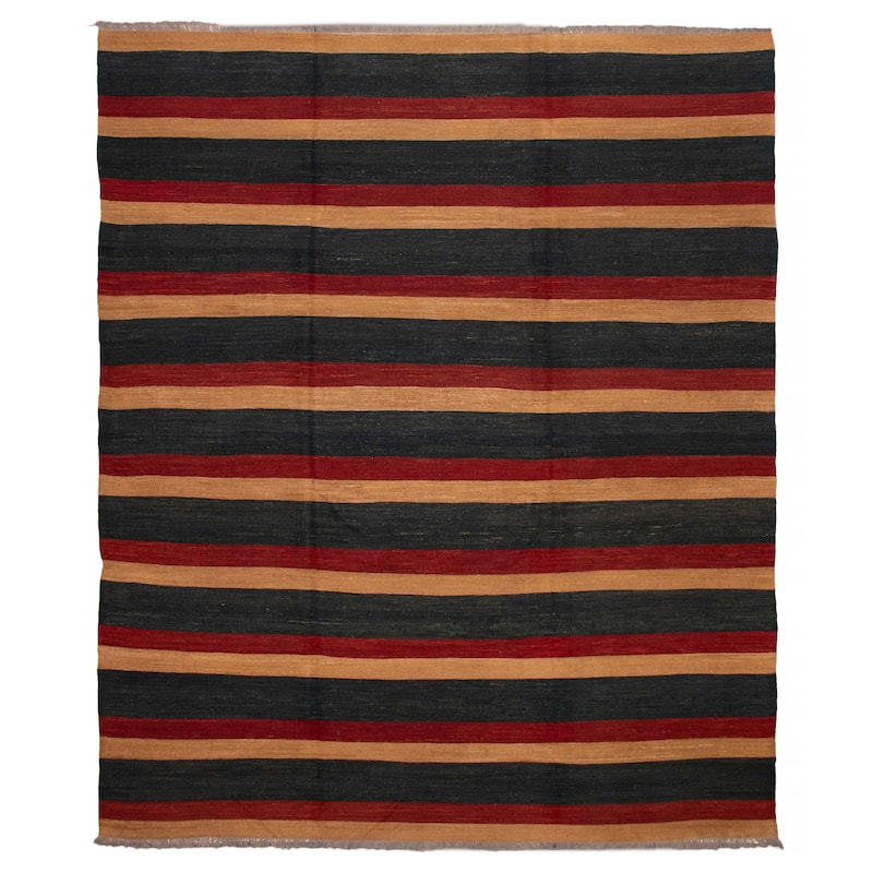 ECARPETGALLERY Flat-Weave Natural Navy, Red Wool Tapestry Kilim - 10'0 x 12'0 - Dark Navy/ Red - 10'0 x 12'0
