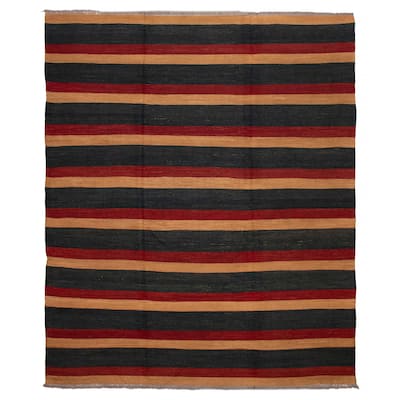 ECARPETGALLERY Flat-Weave Natural Navy, Red Wool Tapestry Kilim - 10'0 x 12'0