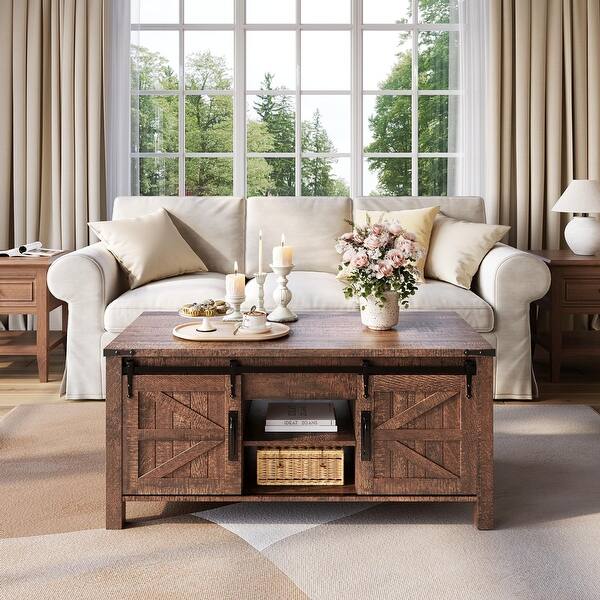 Farmhouse lift-top Coffee Table, Hidden Storage, Rustic Center Table - Brown