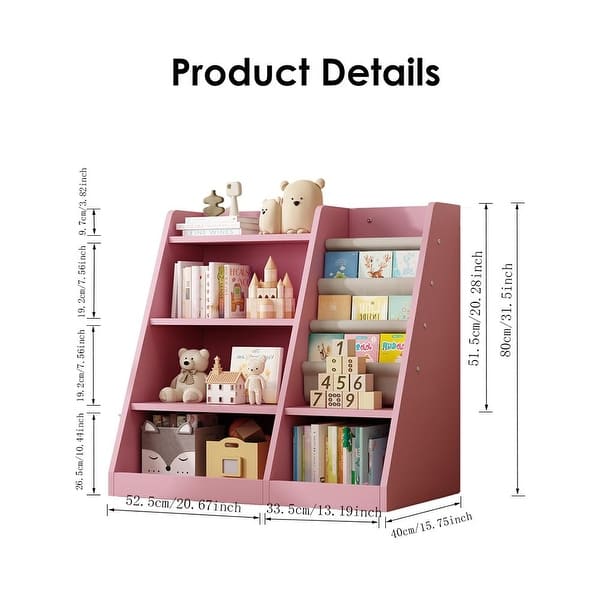 dimension image slide 1 of 4, Kids Bookshelf and Toy Storage Organizer with Adjustable Shelves for Playroom, Nursery, and More