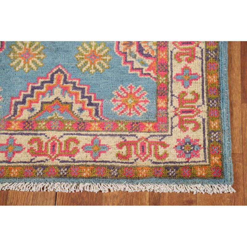 Light Blue Geometric Kazak Foyer Rug Traditional Handmade Wool Carpet - 2'0" x 3'0"