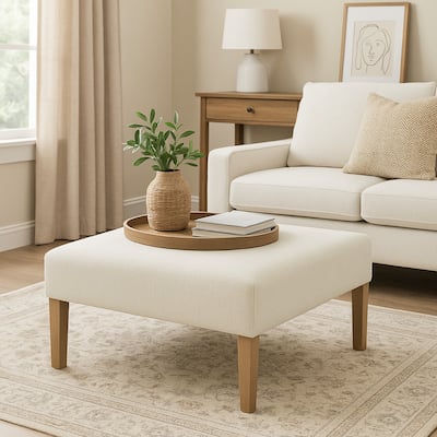 Dan Square Coffee Table Ottoman, Brown Wood, Cream Polyester 36 Inch